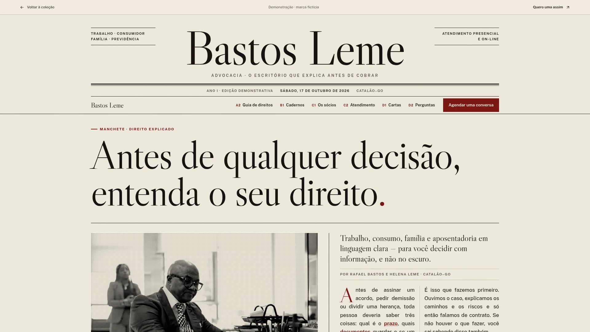 Captura da landing page demonstrativa de Bastos Leme Advocacia.