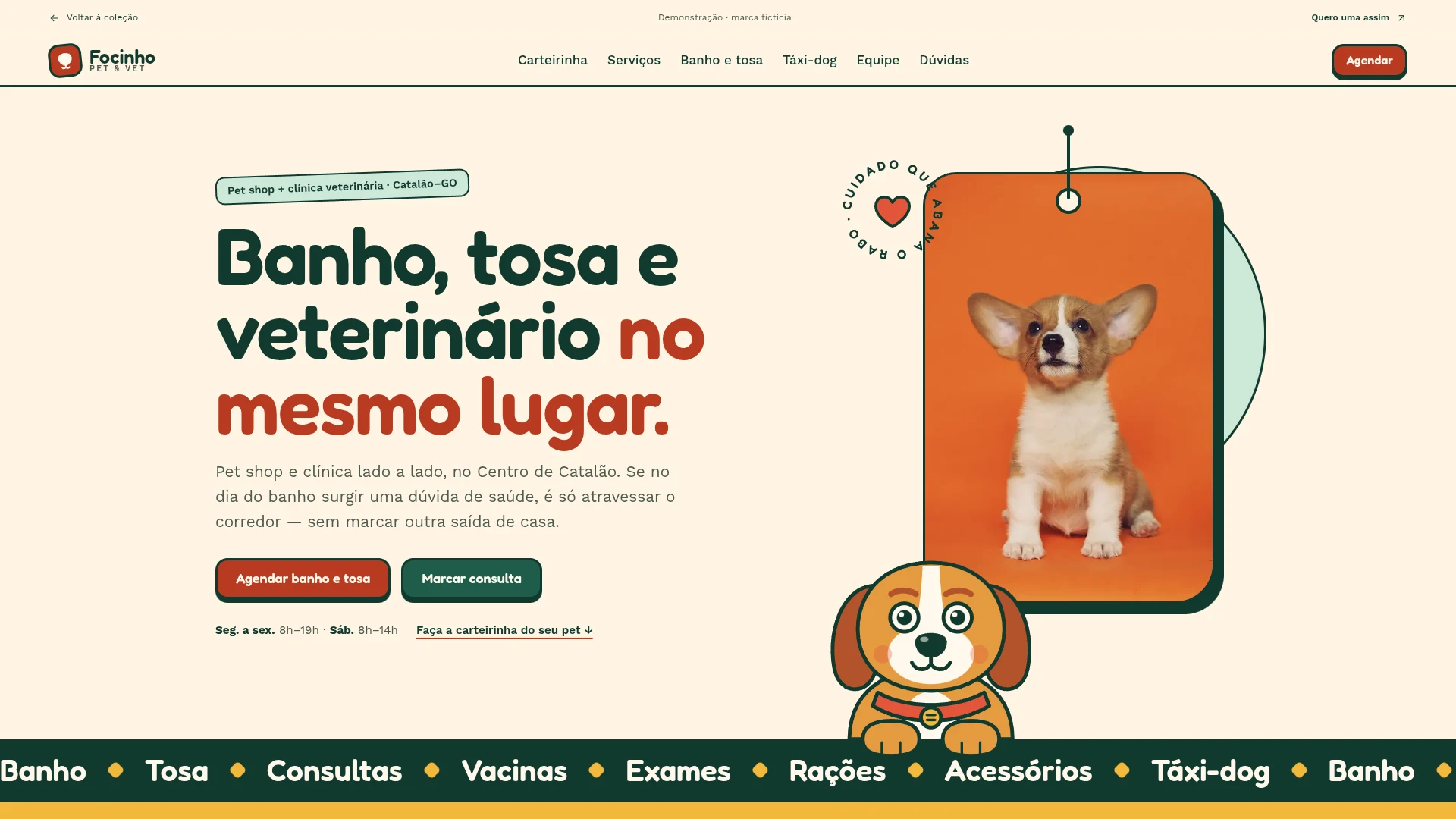 Captura da landing page demonstrativa de Focinho Pet & Vet.