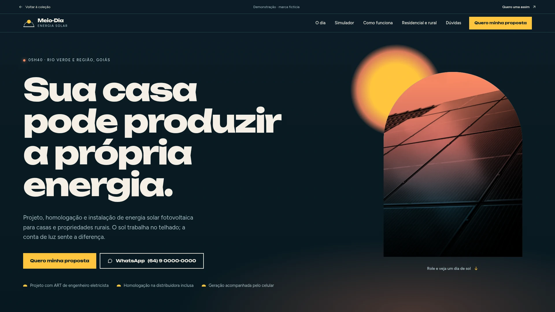 Captura da landing page demonstrativa de Meio-Dia Energia Solar.