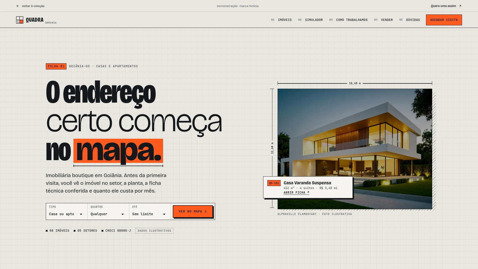 Captura da landing page demonstrativa de Quadra Imóveis.