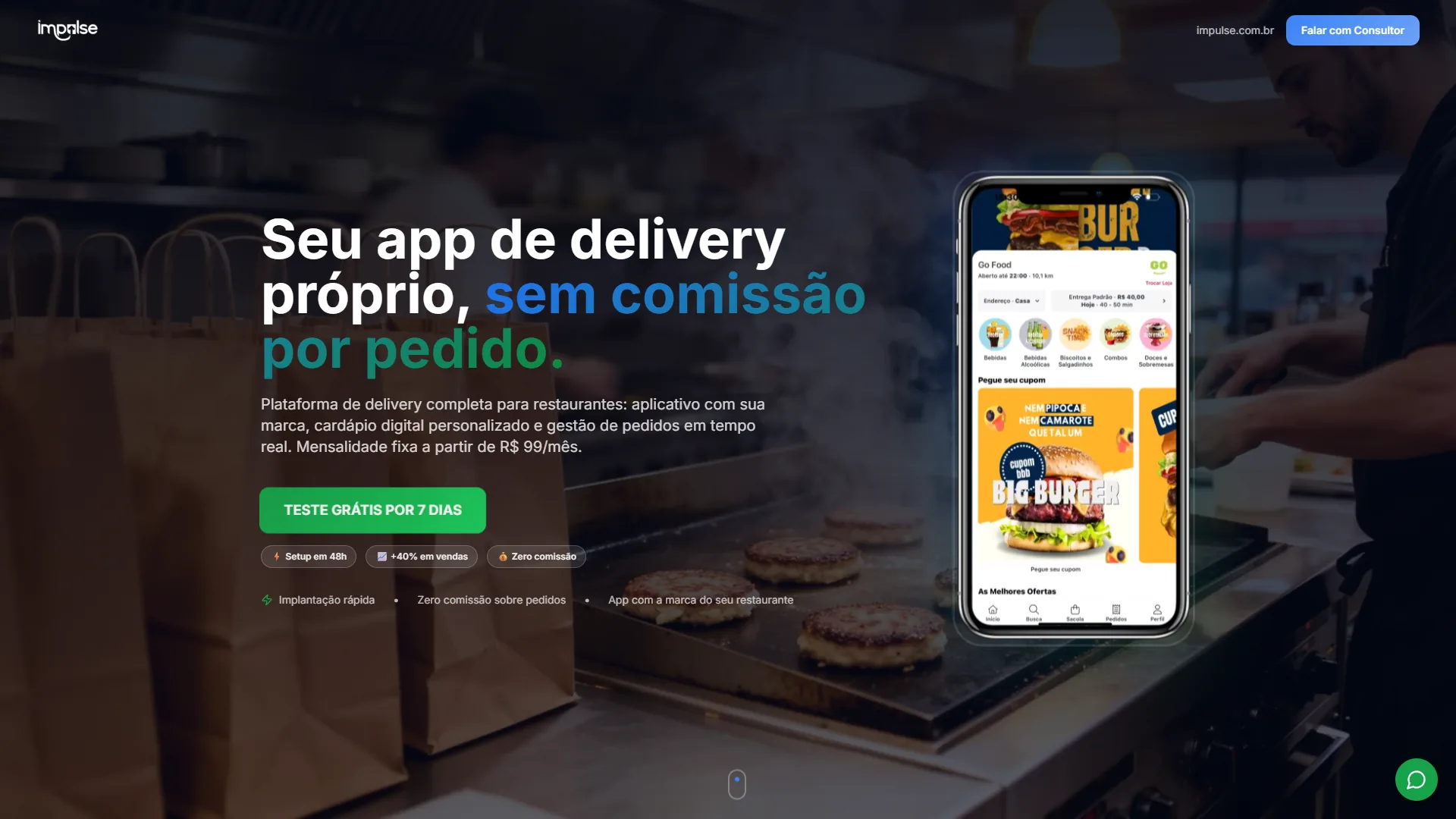 Landing page do Go Delivery com título sobre delivery próprio e visual do aplicativo no celular.