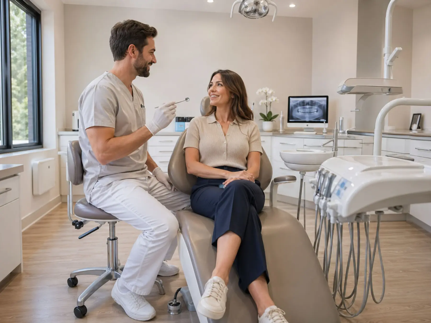 Dentista conversa com uma paciente sentada na cadeira, antes do exame