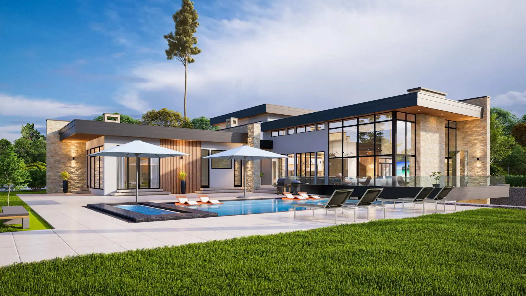 Casa térrea extensa com gramado, piscina e guarda-sóis sob céu azul