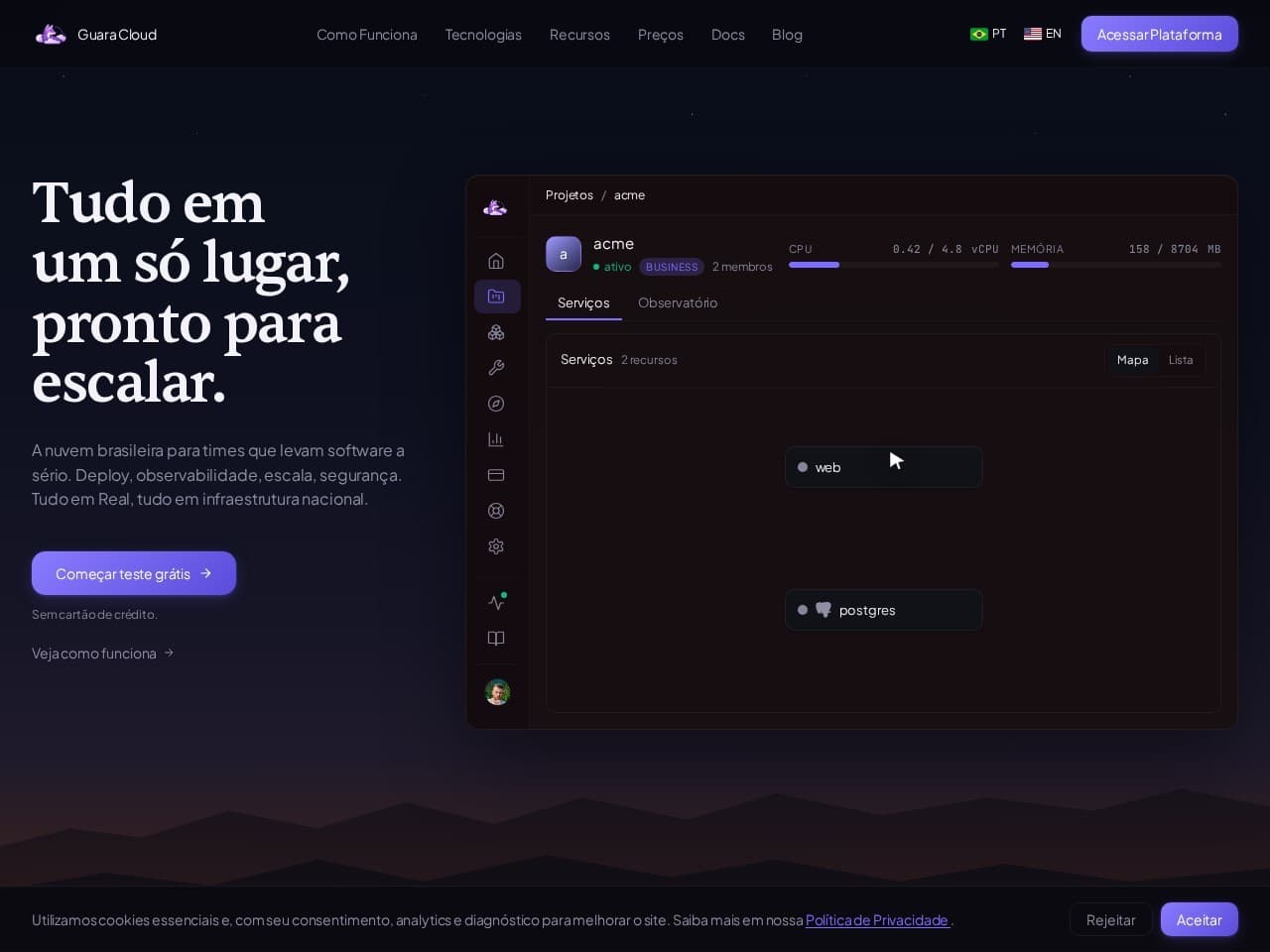 Captura real do site da Guara Cloud.